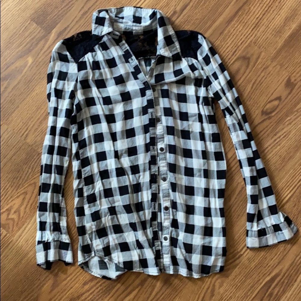 plaid button down with lace shoulders